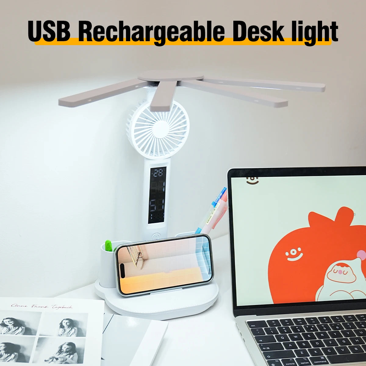 Multifunctional Desk Lamp – LED Light, Fan & Digital Clock | USB Charging