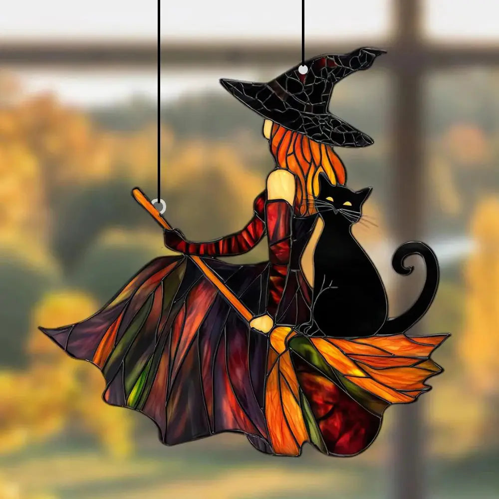 Atrapasol de bruja y gato: decoración mística para Halloween
