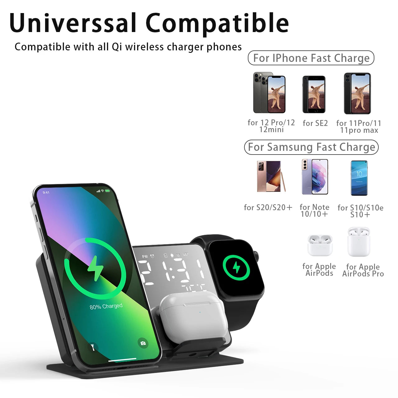 Chargeur sans fil avec réveil numérique LED – Station de charge rapide pour iPhone, Apple Watch et AirPods – 3 en 1