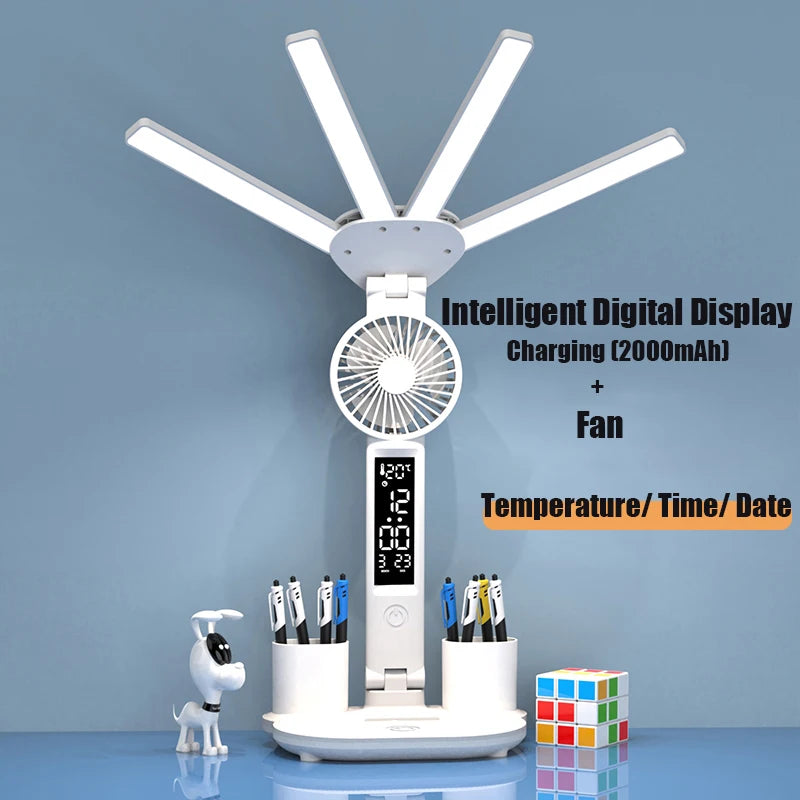 Multifunctional Desk Lamp – LED Light, Fan & Digital Clock | USB Charging