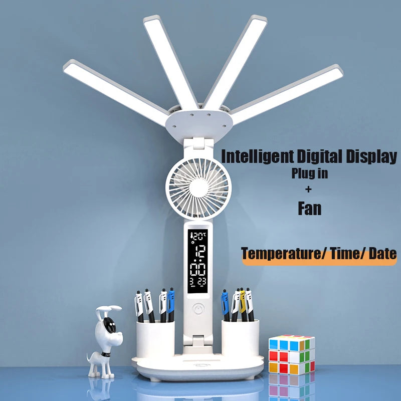 Multifunctional Desk Lamp – LED Light, Fan & Digital Clock | USB Charging