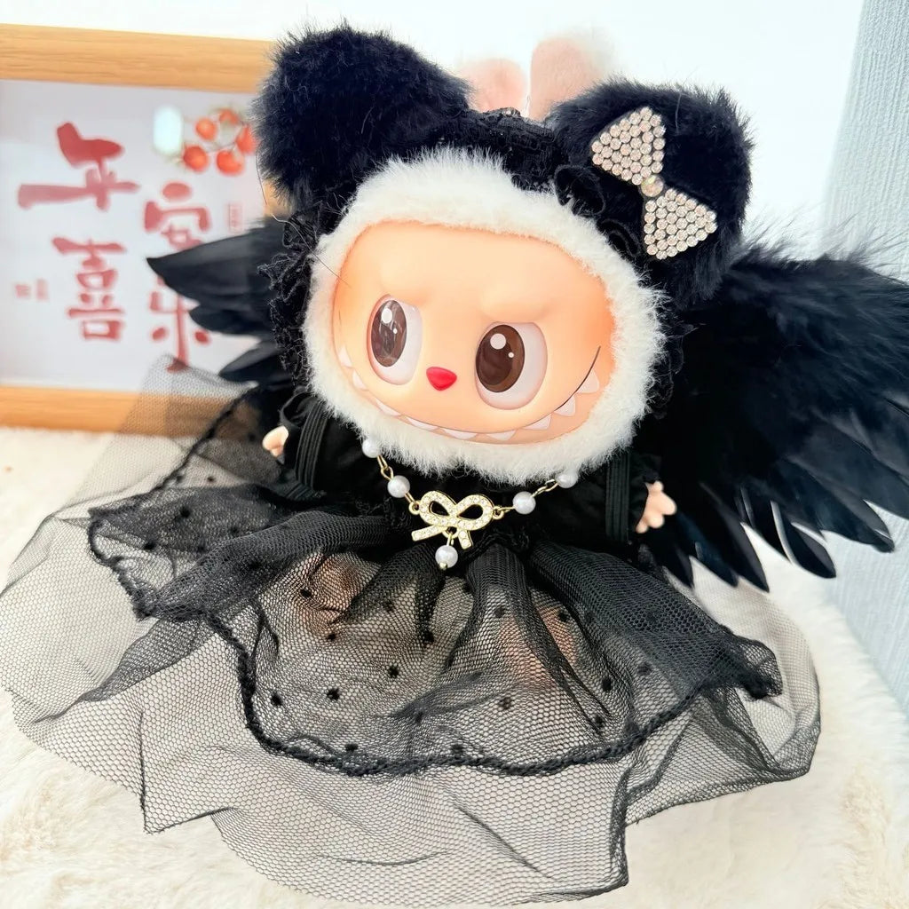 Conjunto de vestido de plumas de ángel en blanco y negro de Labubu: ropa elegante de Labubu para muñecas de vinilo de 17 cm. Conjunto de Labubu.