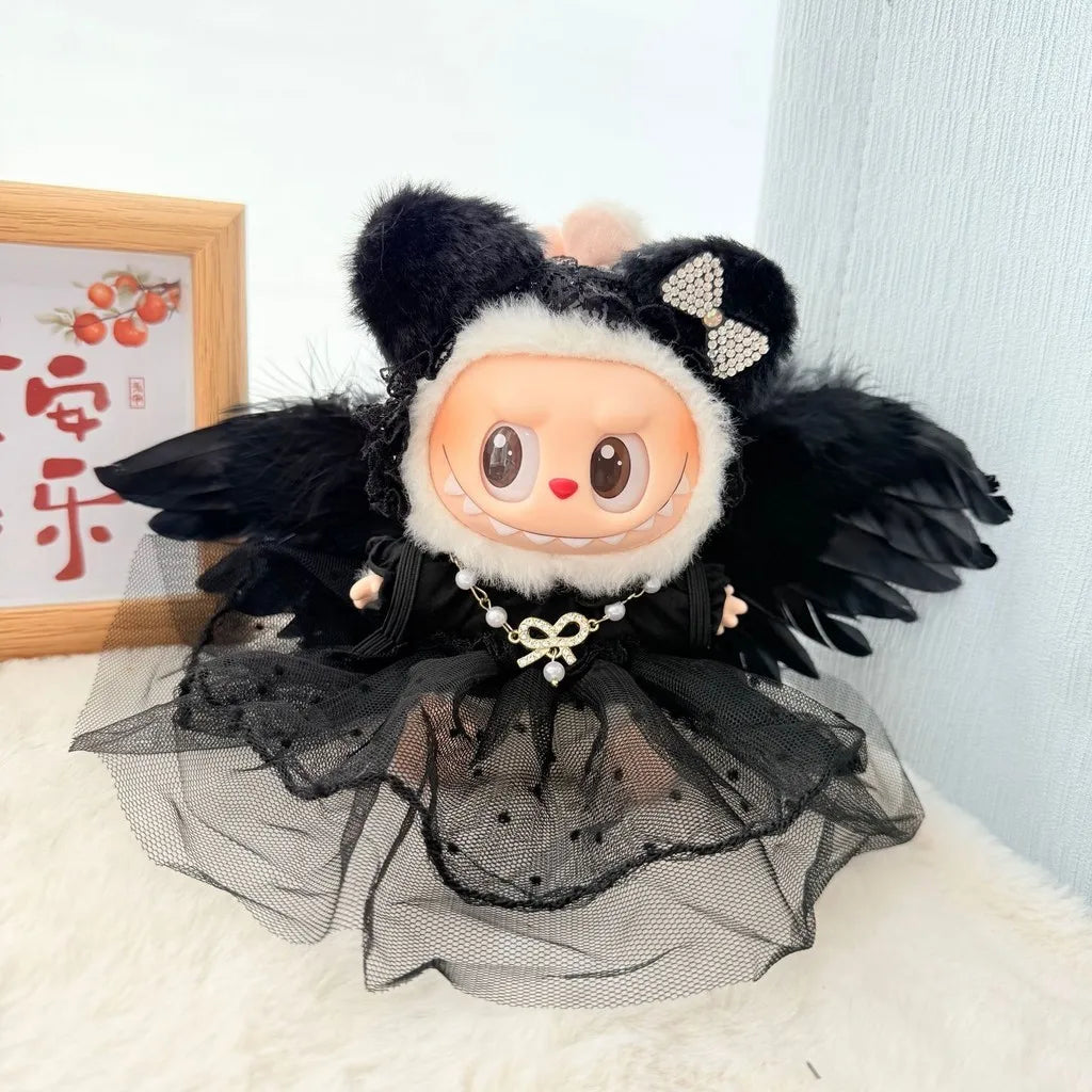 Conjunto de vestido de plumas de ángel en blanco y negro de Labubu: ropa elegante de Labubu para muñecas de vinilo de 17 cm. Conjunto de Labubu.