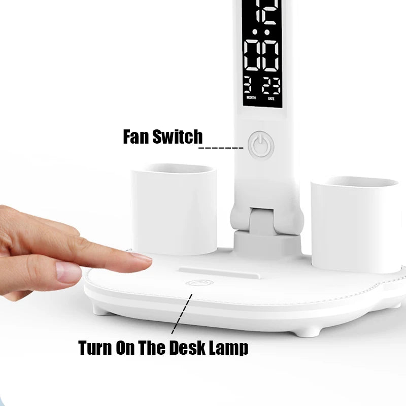 Multifunctional Desk Lamp – LED Light, Fan & Digital Clock | USB Charging