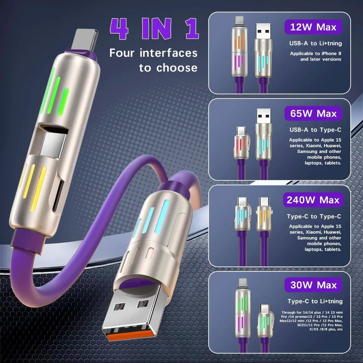 240W 4-in-1 USB C Fast Charger Cable – Silicone, Durable & Universal