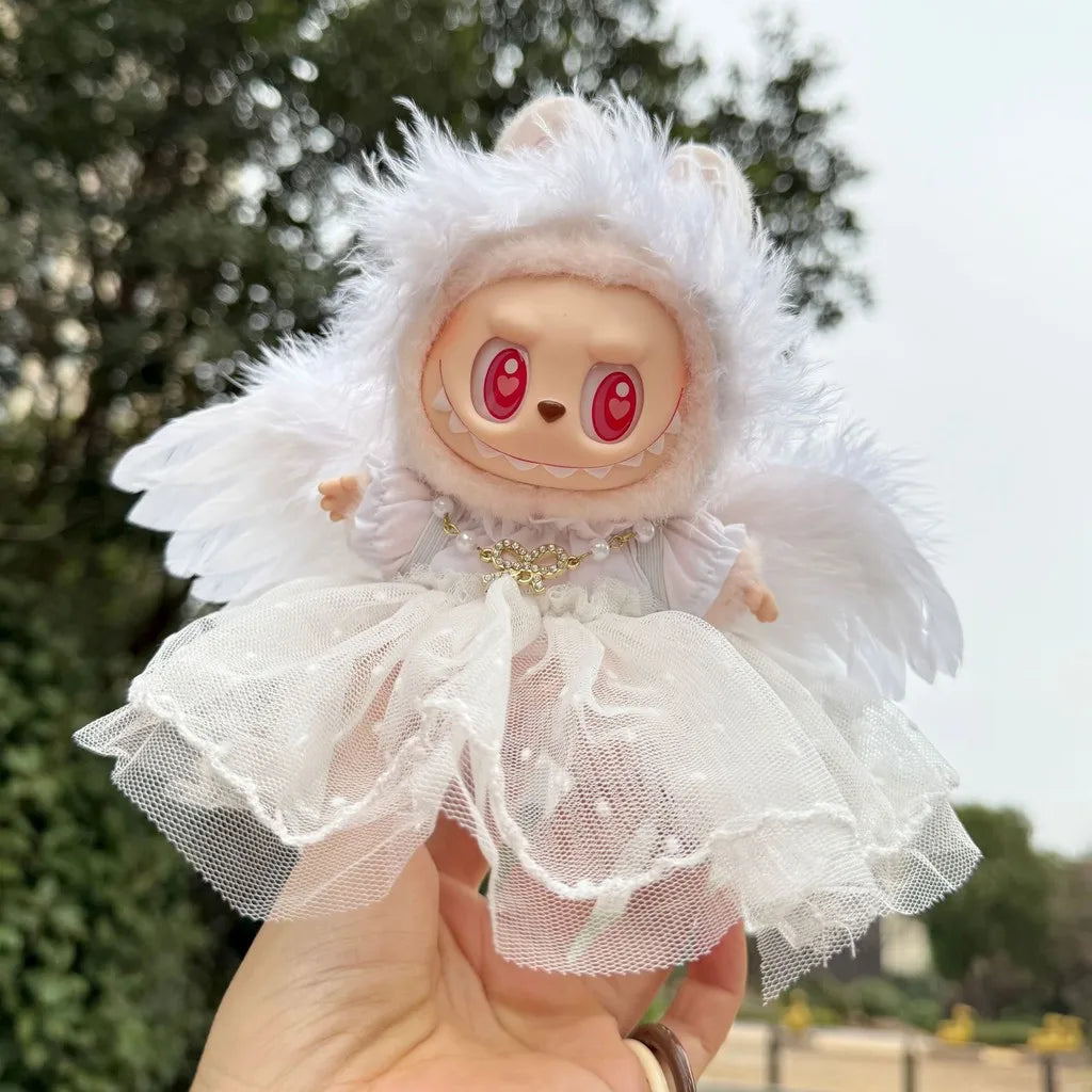 Conjunto de vestido de plumas de ángel en blanco y negro de Labubu: ropa elegante de Labubu para muñecas de vinilo de 17 cm. Conjunto de Labubu.