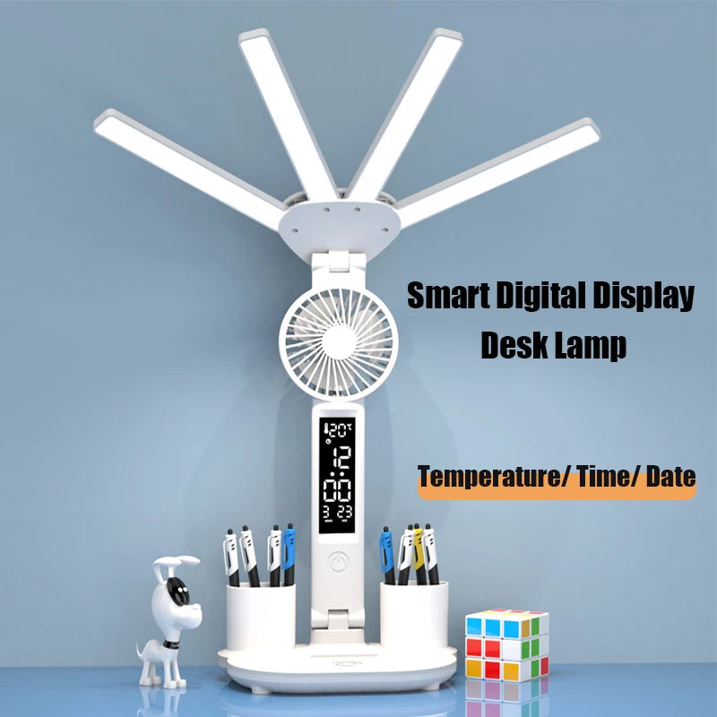 Multifunctional Desk Lamp – LED Light, Fan & Digital Clock | USB Charging