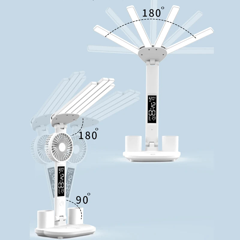 Multifunctional Desk Lamp – LED Light, Fan & Digital Clock | USB Charging