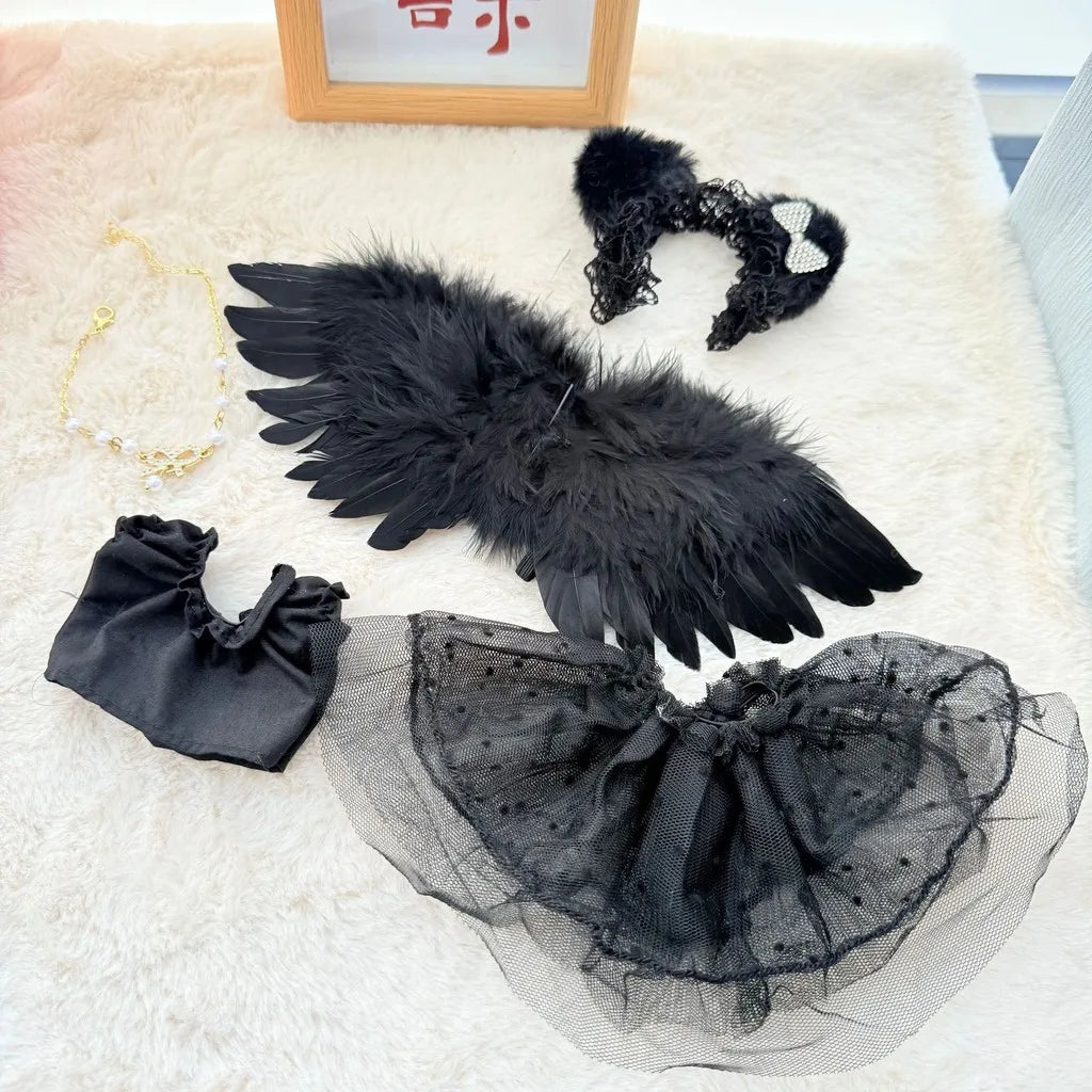 Conjunto de vestido de plumas de ángel en blanco y negro de Labubu: ropa elegante de Labubu para muñecas de vinilo de 17 cm. Conjunto de Labubu.