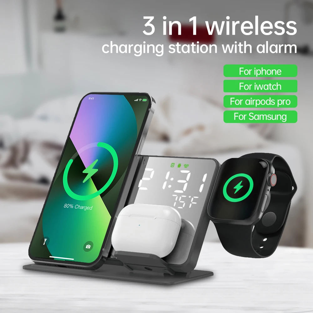Chargeur sans fil avec réveil numérique LED – Station de charge rapide pour iPhone, Apple Watch et AirPods – 3 en 1
