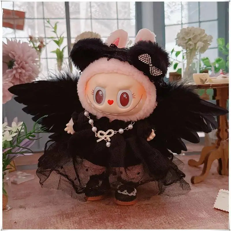 Conjunto de vestido de plumas de ángel en blanco y negro de Labubu: ropa elegante de Labubu para muñecas de vinilo de 17 cm. Conjunto de Labubu.