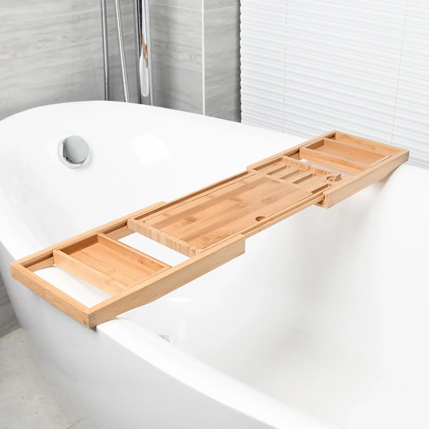 Expandable Wooden Bathtub Caddy Tray - Tablet and Wine Holder
