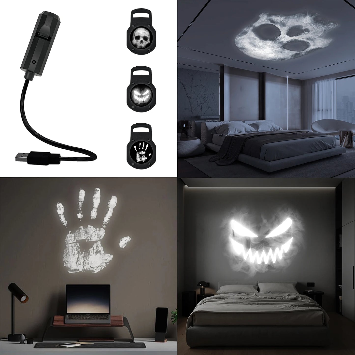 USB Halloween Projector Light - Skull, Pumpkin & Ghost Hand 3-in-1