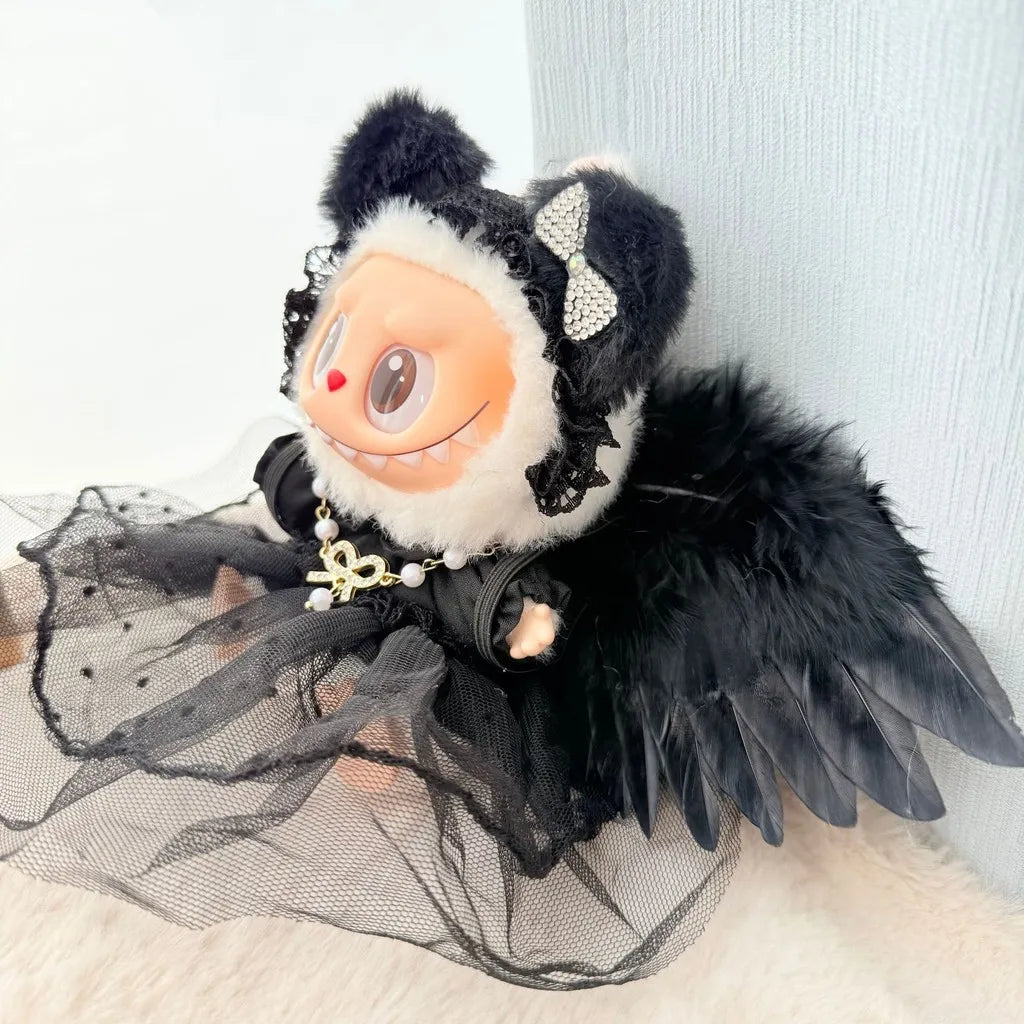Conjunto de vestido de plumas de ángel en blanco y negro de Labubu: ropa elegante de Labubu para muñecas de vinilo de 17 cm. Conjunto de Labubu.