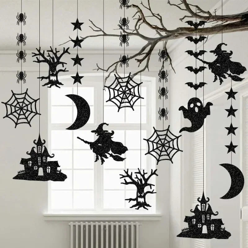 Halloween Banner Garlands Detail View - Spider Witch Ghost Bat Designs | Halloween Party Decor