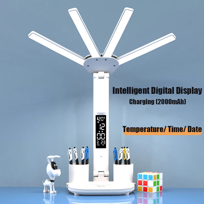 Multifunctional Desk Lamp – LED Light, Fan & Digital Clock | USB Charging