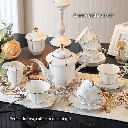 Luxury Gold Pearl Bone China Coffee & Tea Set - British Royal Style, Elegant Gift Set