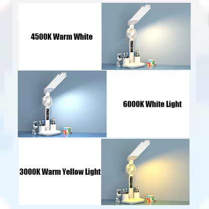 Multifunctional Desk Lamp – LED Light, Fan & Digital Clock | USB Charging