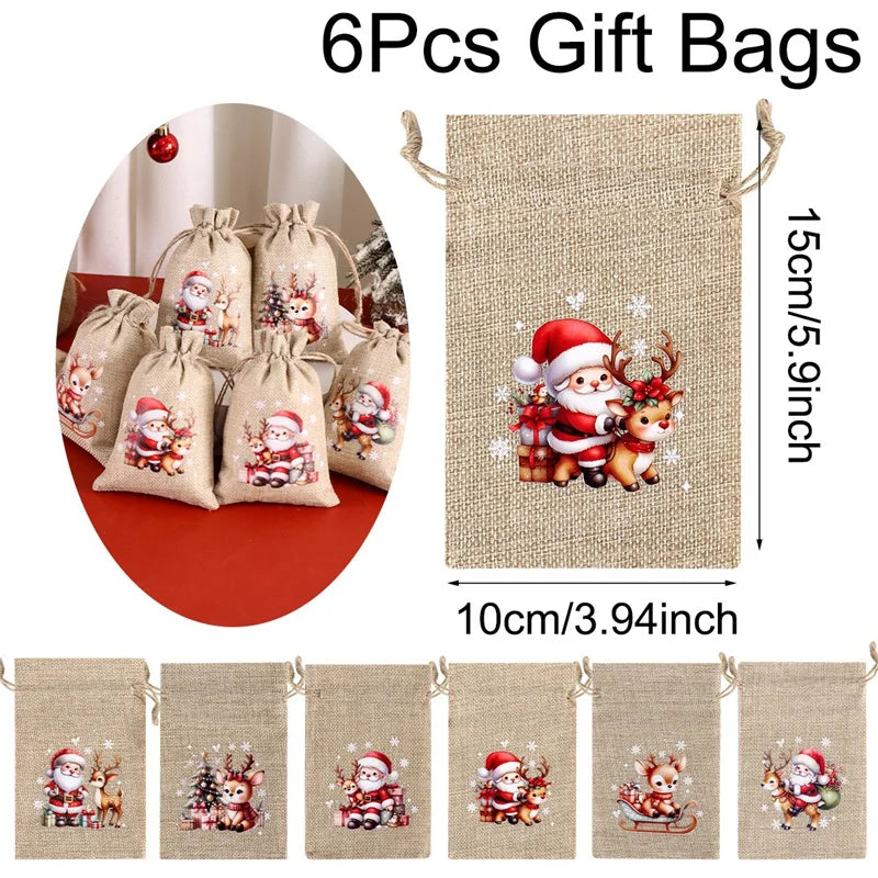 Ensemble de 6 sacs cadeaux de Noël en lin/toile de jute avec cordon de serrage