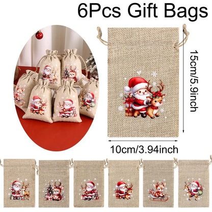 Ensemble de 6 sacs cadeaux de Noël en lin/toile de jute avec cordon de serrage