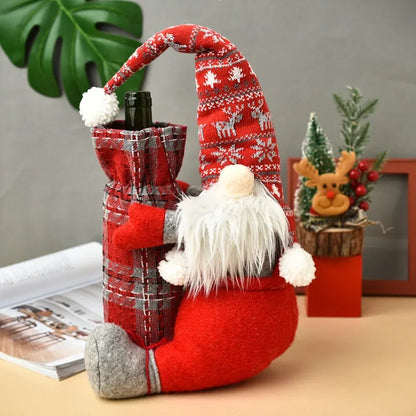 Funda para botella de vino con gnomo navideño - Decoración a cuadros y regalo