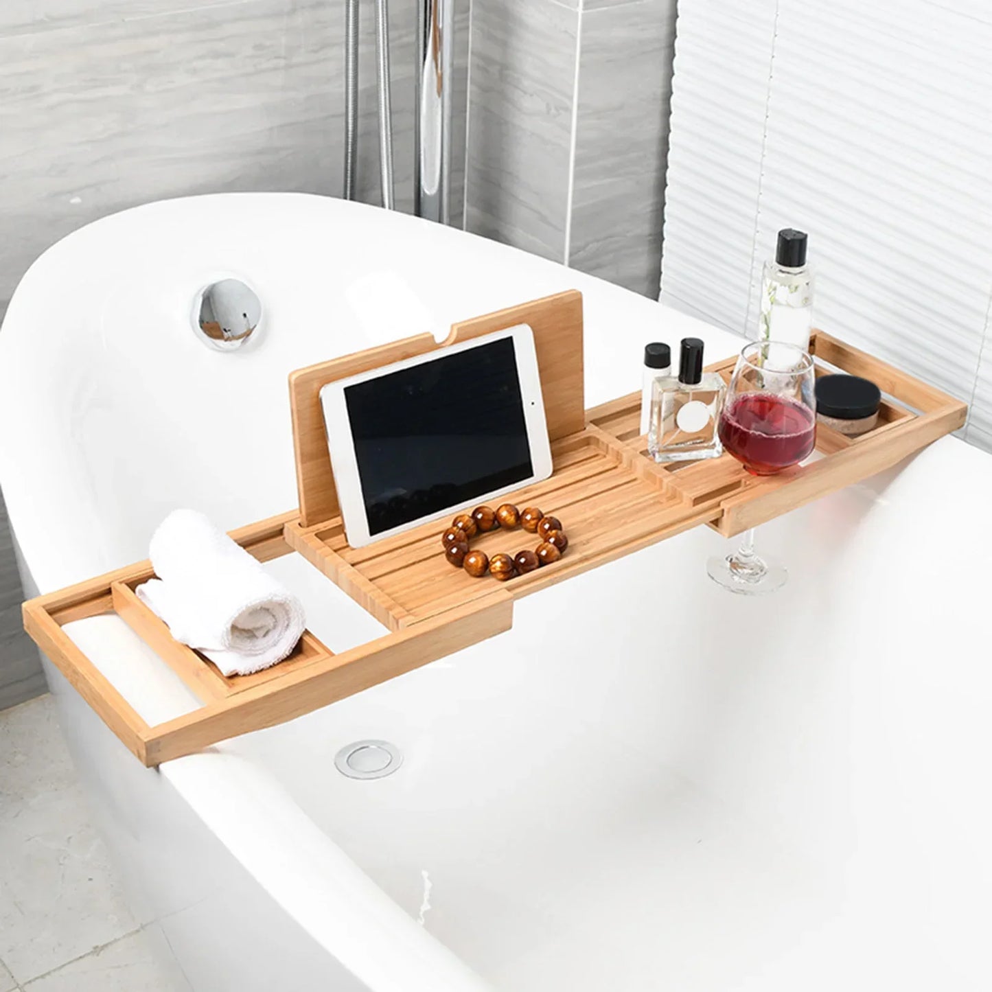 Expandable wooden bathtub tray with tablet and wine holder for luxury relaxation