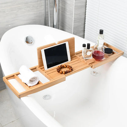 Expandable wooden bathtub tray with tablet and wine holder for luxury relaxation