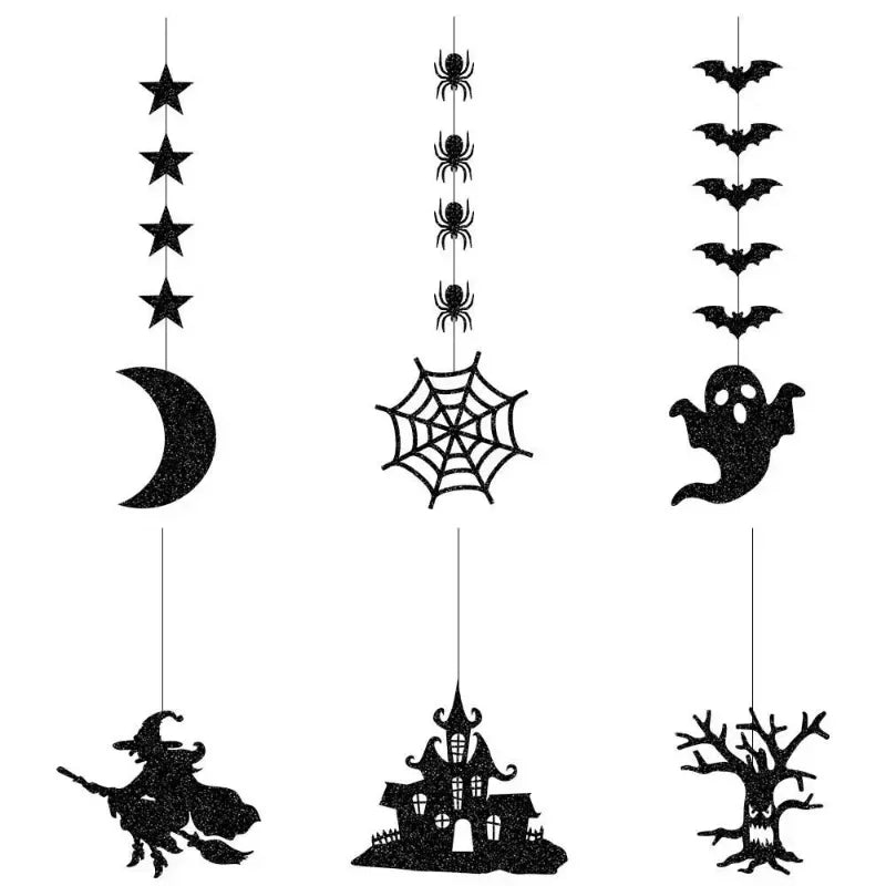 Set of 6 Halloween Hanging Banner Garlands – Scary Spider, Witch, Ghost, and Bat Ornaments for Home Party Decorations