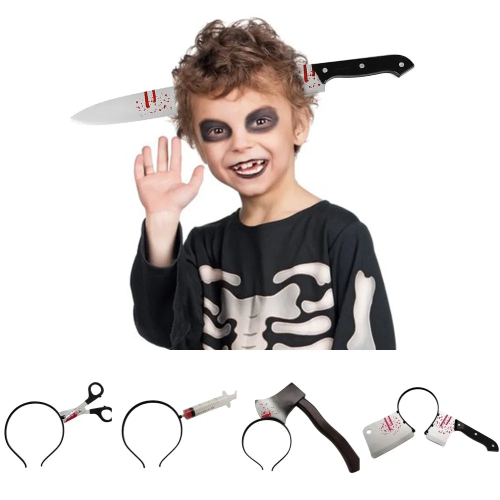 Halloween Horror Headband with Bloodied Fake Ax, Saw, or Knife – Cosplay and Party Accessory