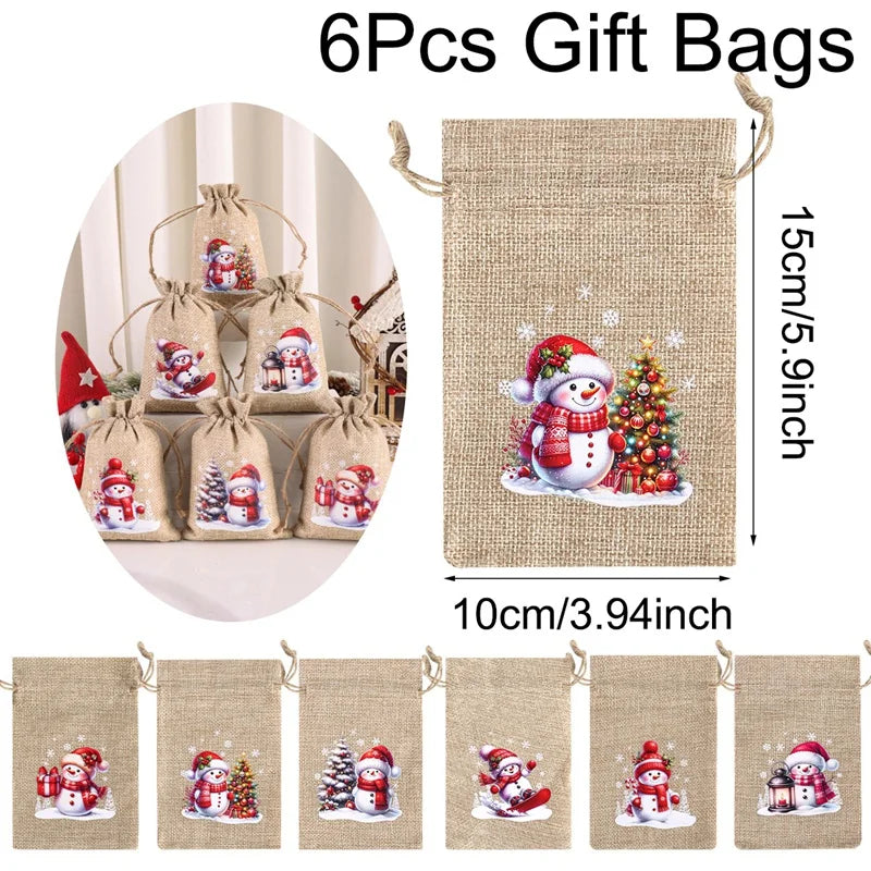 Ensemble de 6 sacs cadeaux de Noël en lin/toile de jute avec cordon de serrage