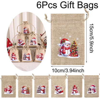 Ensemble de 6 sacs cadeaux de Noël en lin/toile de jute avec cordon de serrage