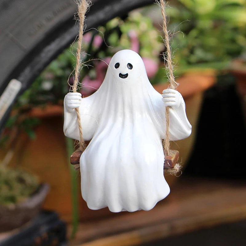 Halloween Ghost Rear-view Mirror Ornament – Resin Swinging Ghost Pendant