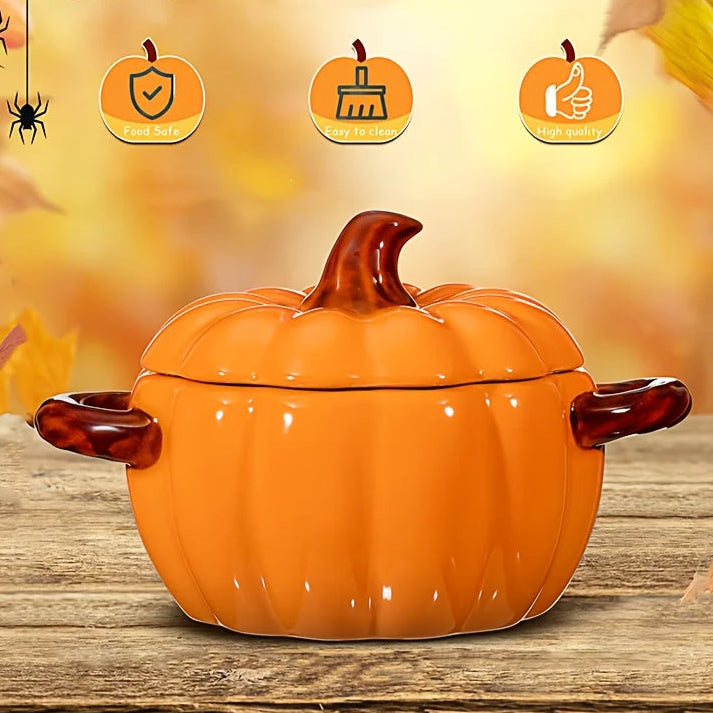 A front view of a large ceramic pumpkin bowl, highlighting its handles and lid, with "Food Safe," "Easy to clean," and "High quality" icons in the background.