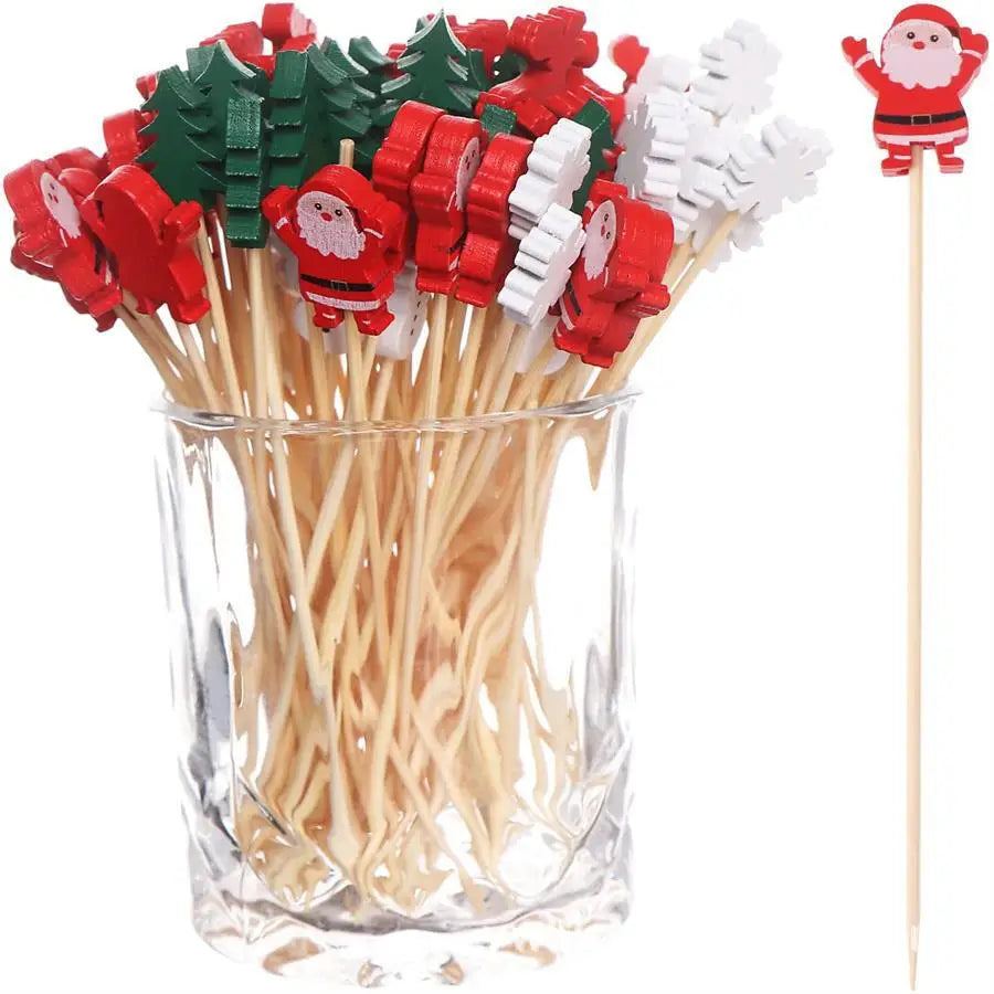 50 Christmas Bamboo Fruit Sticks – Festive Designs in Snowflake, Tree, Elk, Santa, and Snowman