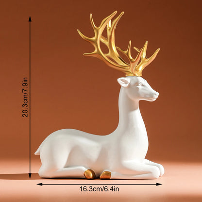 Solid Resin Reindeer Figurines - White Deer Statue with Gold Accents
