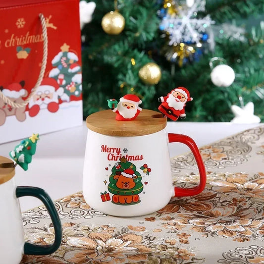 Elegant Christmas Ceramic Mug Set (400 ml) with Lid and Spoon