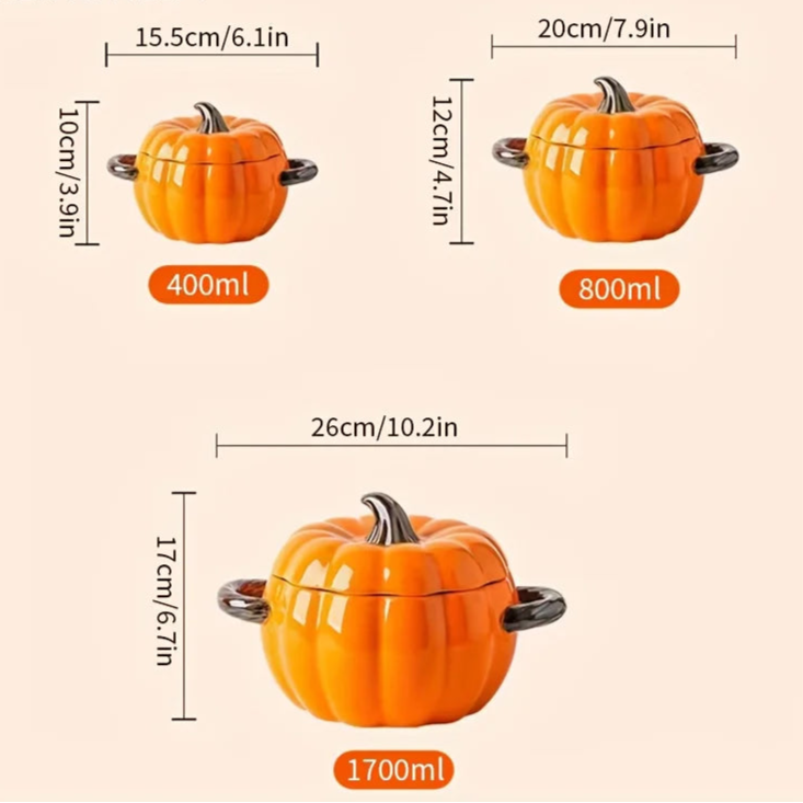 An infographic showing the three ceramic pumpkin bowls in different sizes and capacities: 400ml, 800ml, and 1700ml.