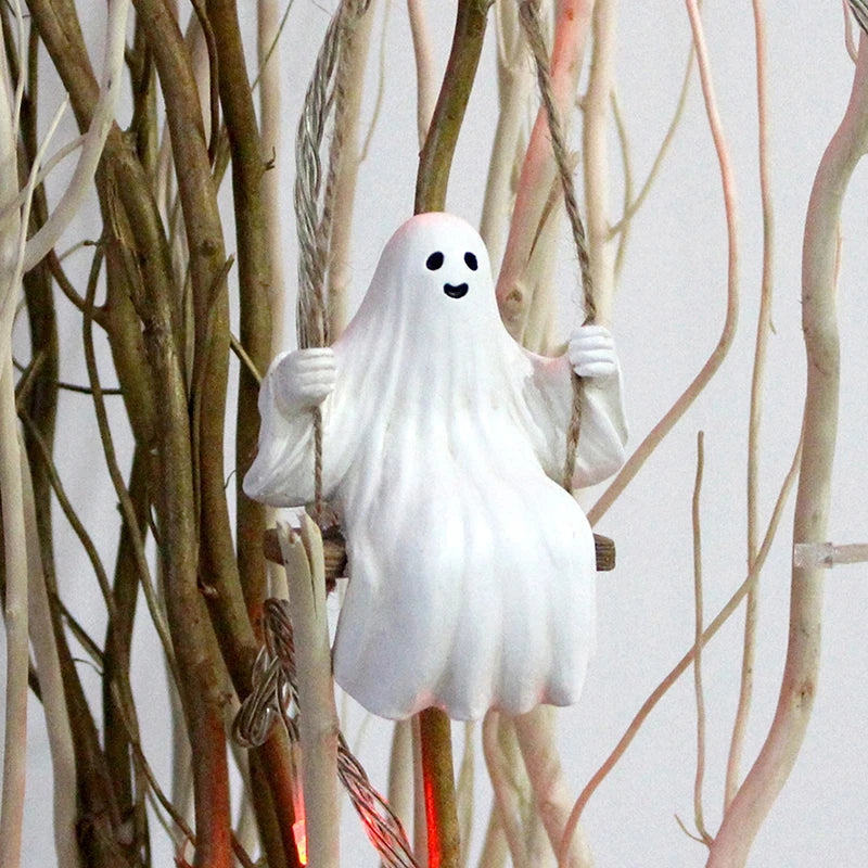 Halloween Ghost Rear-view Mirror Ornament – Resin Swinging Ghost Pendant