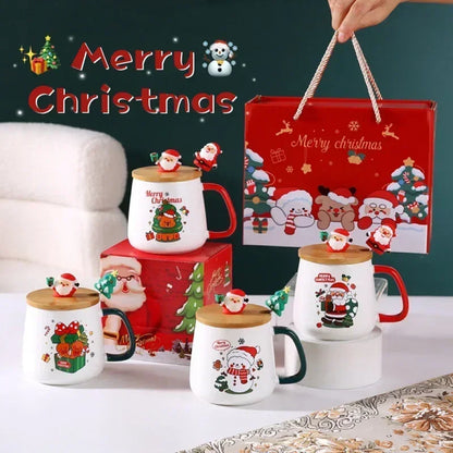 400ml Christmas Ceramic Mug Set – Festive Design with Wooden Lid & Spoon, Gift-Ready for 2025