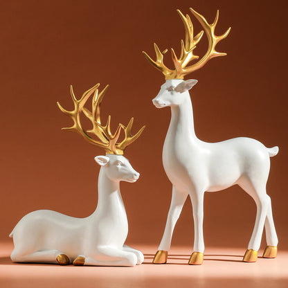 Solid Resin Reindeer Figurines - White Deer Statue with Gold Accents