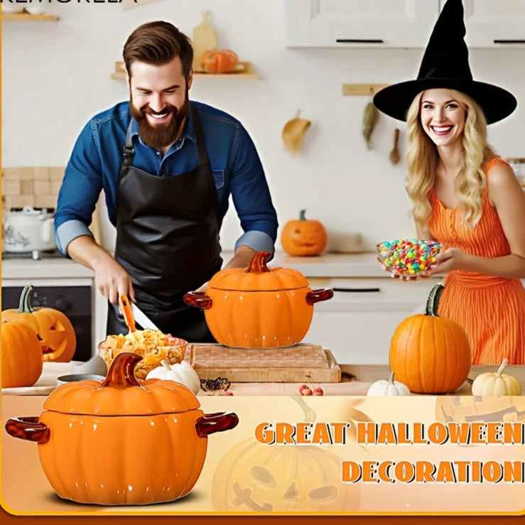  A man in a kitchen smiling while stirring a ceramic pumpkin bowl, next to a woman holding a bowl of sweets.
