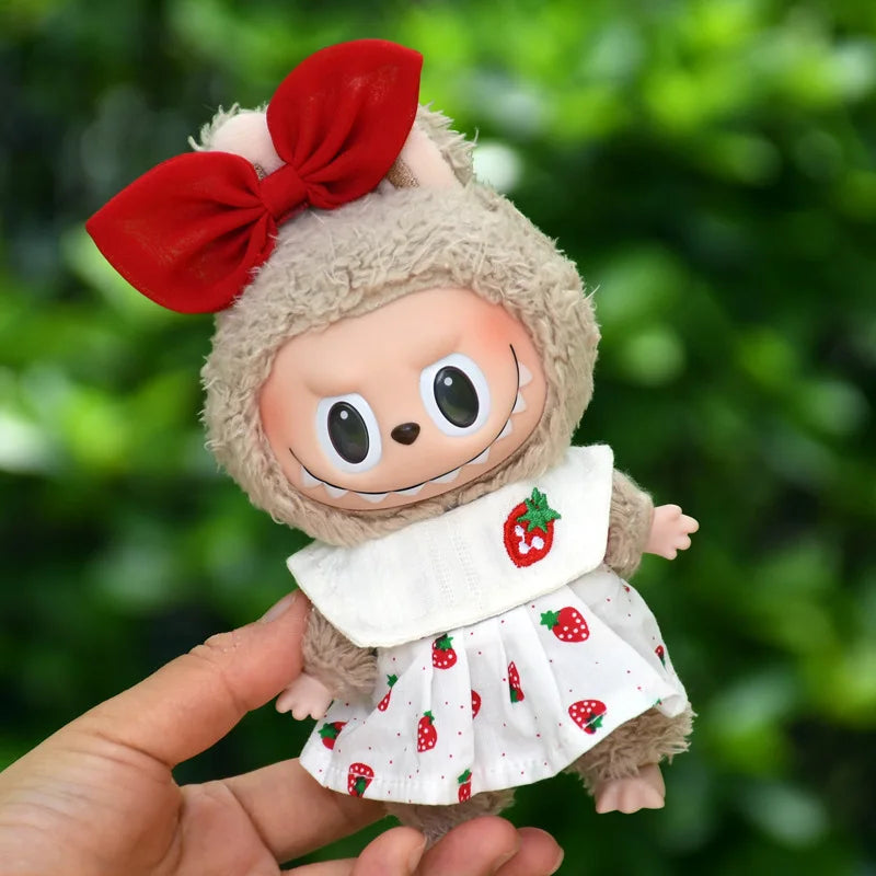 Labubu 17cm Doll Outfit – Strawberry Tank Top & Skirt Set with Princess White Shoes