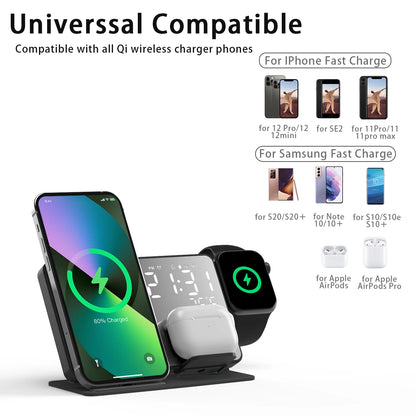 3-in-1 Wireless Charger with LED Digital Alarm Clock – Fast Charging Dock Station for iPhone, Apple Watch, and AirPods