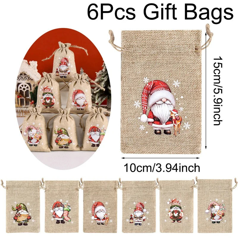 Ensemble de 6 sacs cadeaux de Noël en lin/toile de jute avec cordon de serrage