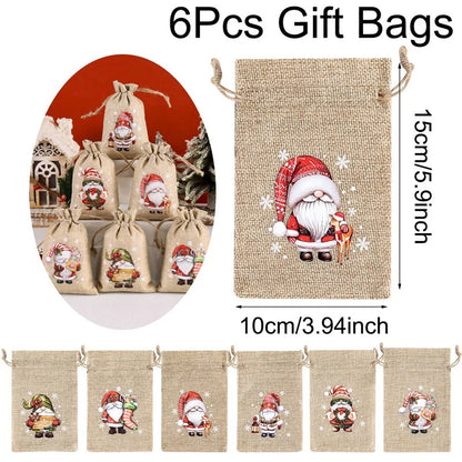 Ensemble de 6 sacs cadeaux de Noël en lin/toile de jute avec cordon de serrage