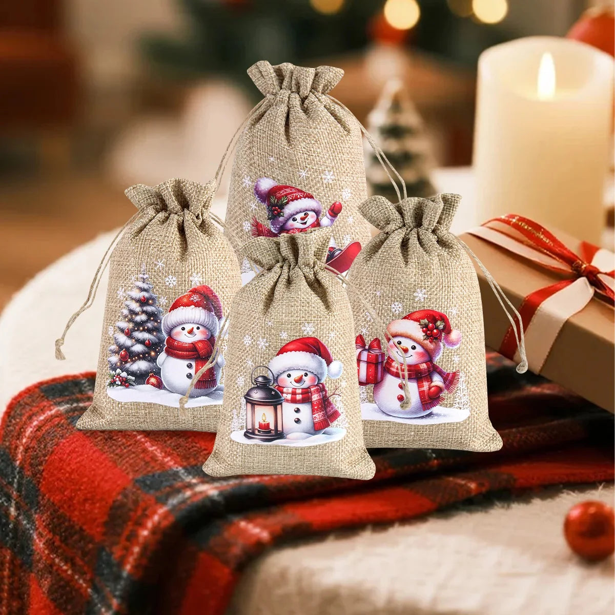 Ensemble de 6 sacs cadeaux de Noël en lin/toile de jute avec cordon de serrage