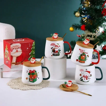 400ml Christmas Ceramic Mug Set – Festive Design with Wooden Lid & Spoon, Gift-Ready for 2025