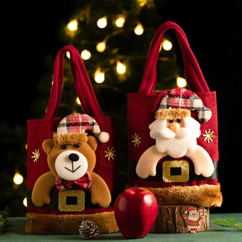 Christmas Linen Gift Bag – Santa Claus, Snowman, Elk, and Bear Designs