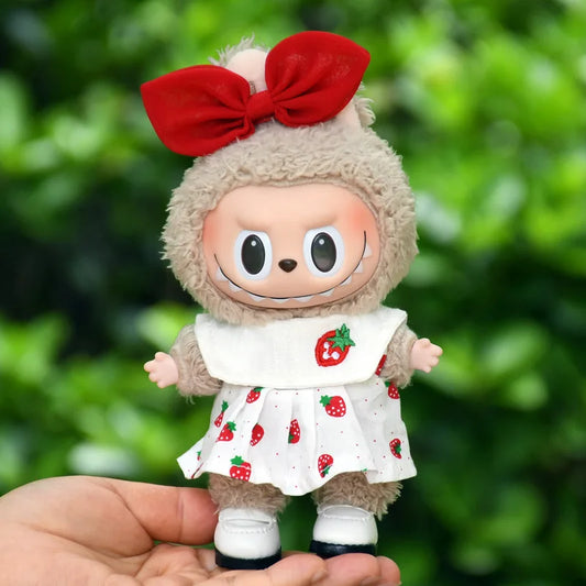 Labubu 17cm Doll Outfit – Strawberry Tank Top & Skirt Set with Princess White Shoes