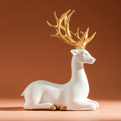Solid Resin Reindeer Figurines - White Deer Statue with Gold Accents
